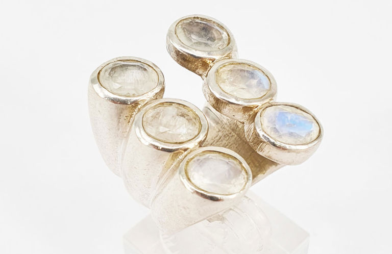 Designer solid silver and rainbow moonstone ring