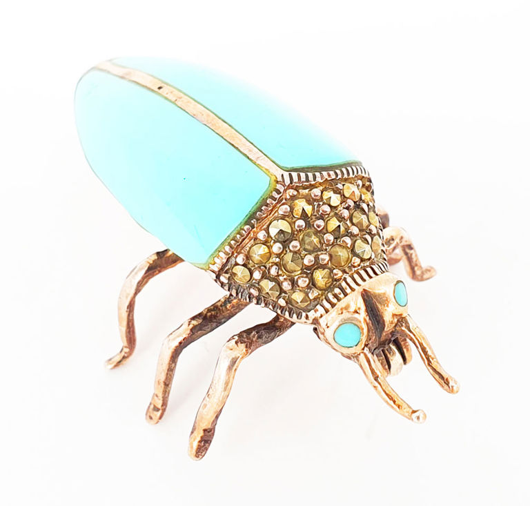 Vintage silver turquoise and marcasite beetle brooch