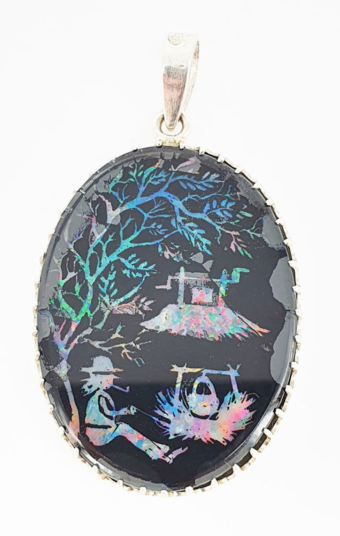 Vintage silver and fire opal inlay pendant