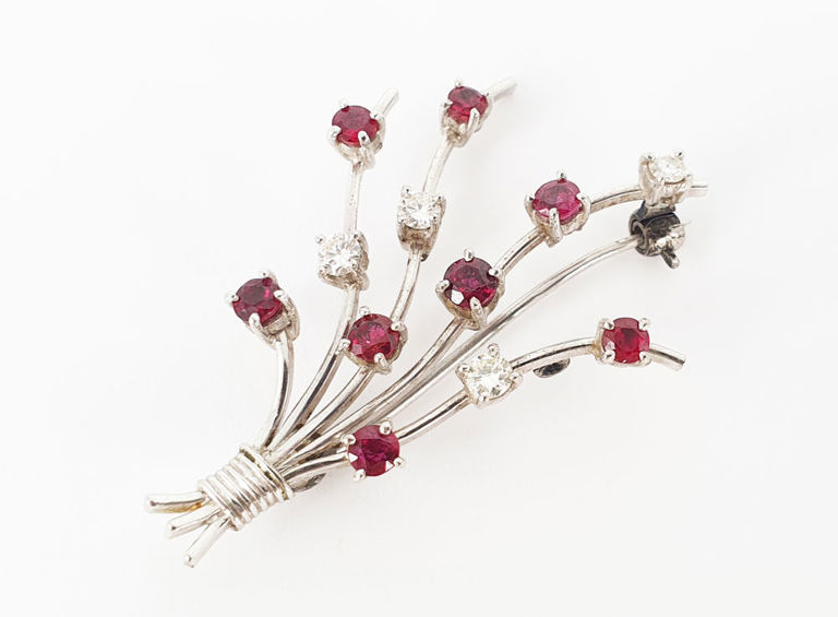 Vintage white gold diamond and ruby spray brooch