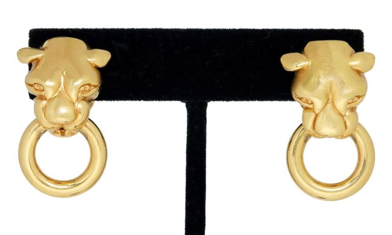 Estate Italian 14k gold panther head doorknocker earrings