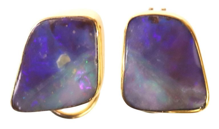 Estate Kevin & Joanne Dowdy yellow gold and boulder opal earrings