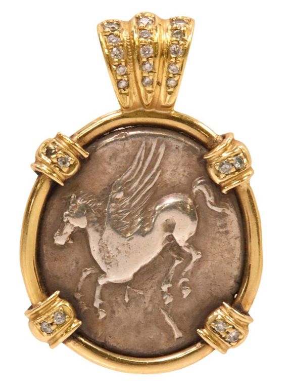 18k gold and diamond Greek Leucas coin pendant