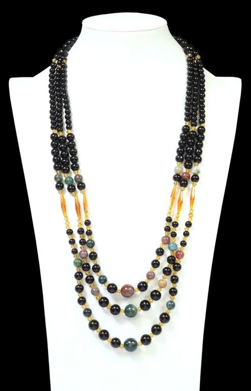 Stone and glass beaded three-strand necklace