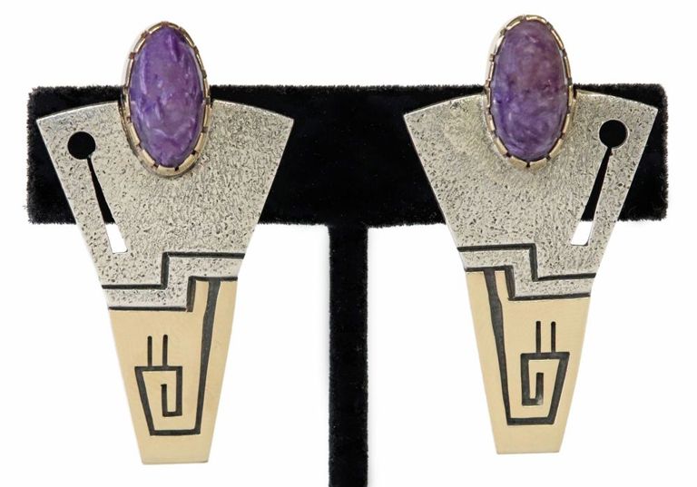 14k yellow gold overlay and sterling silver earrings with charoite