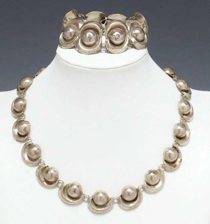 Sterling silver necklace and bracelet with geometric links