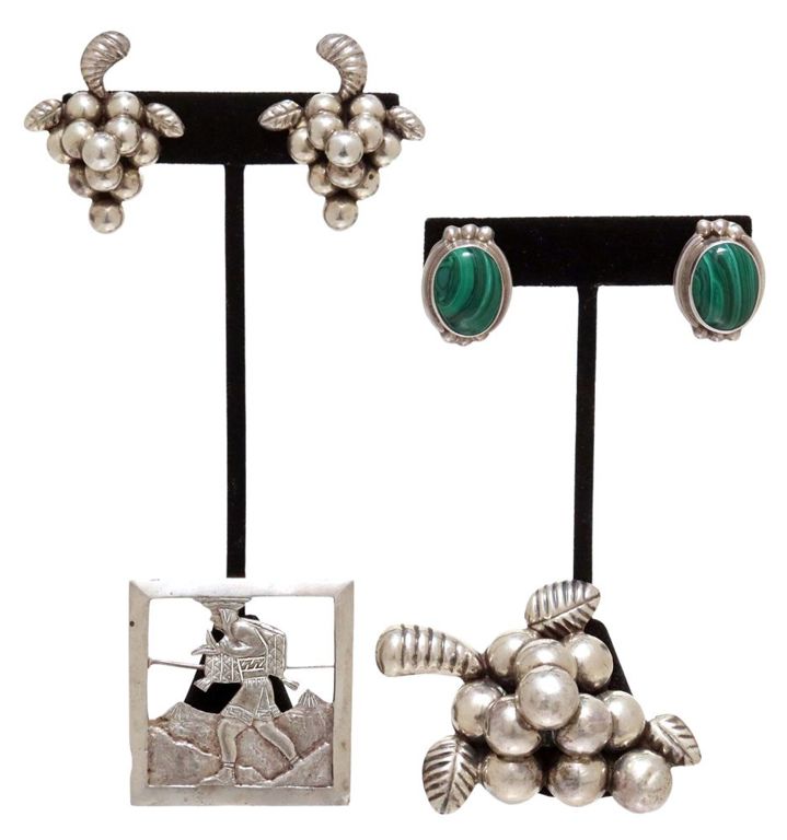 Sterling silver Peruvian brooch, Taxco malachite earrings and grape cluster jewelry