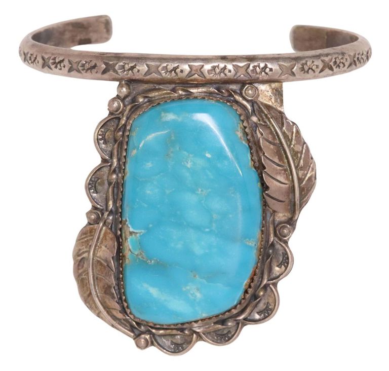 Silver cuff with turquoise and stampwork