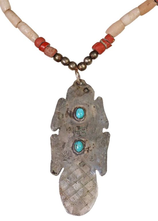 Silver beaver-form pendant with turquoise on beaded necklace