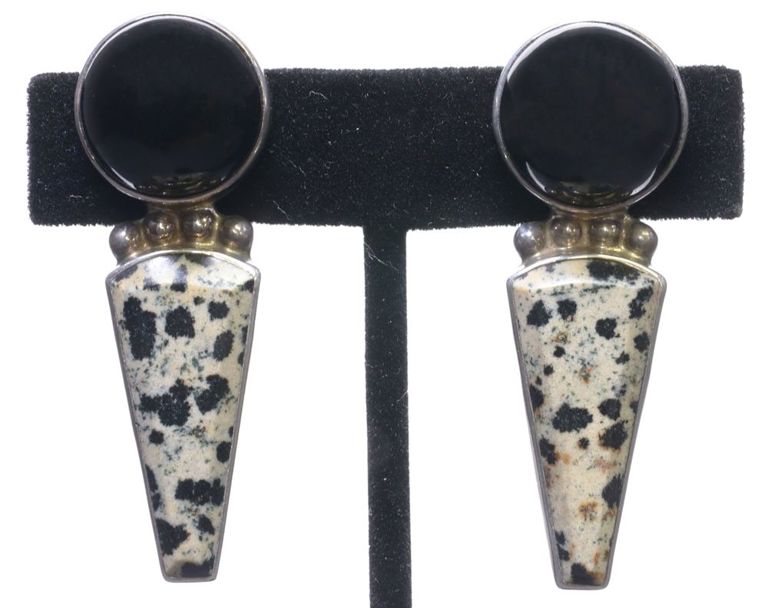 Sterling silver earrings with dalmatian jasper and onyx