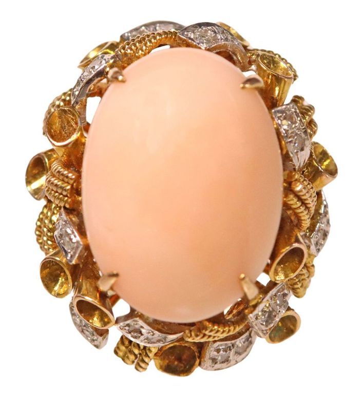14k gold angel skin coral and diamond cocktail ring