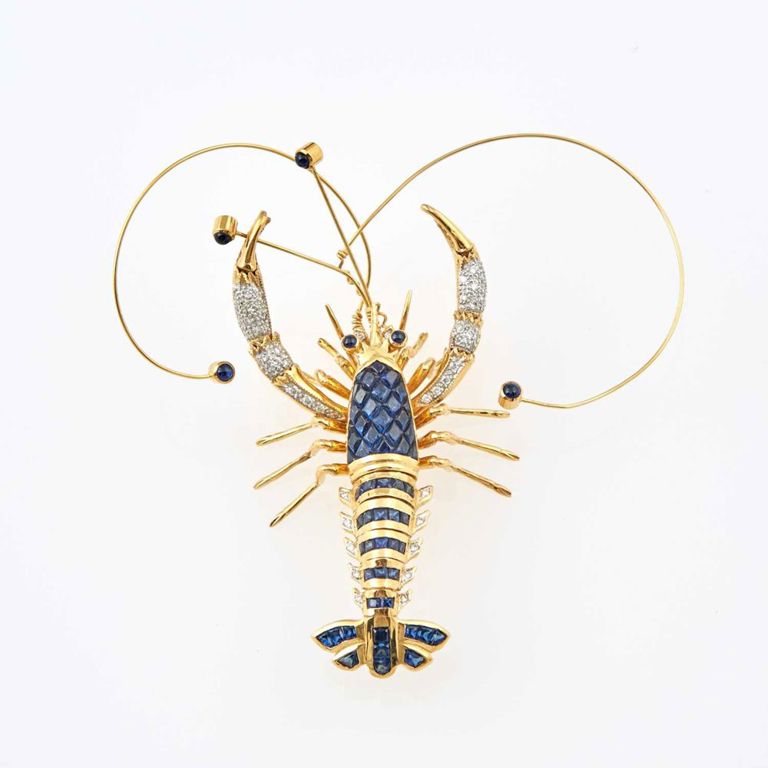 18k gold diamond and stone lobster brooch