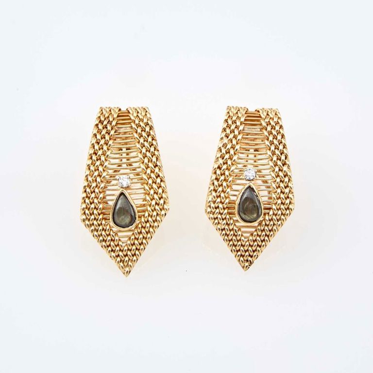 14k gold two diamond and stone earrings