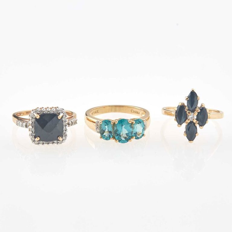 14k gold three diamond and stone rings