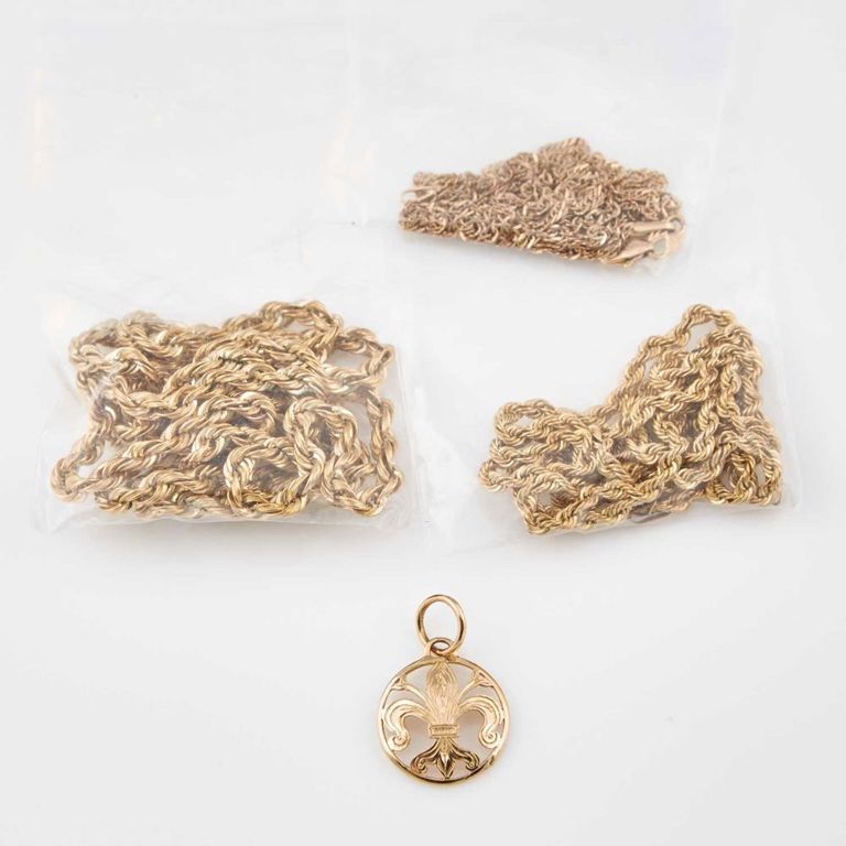 14k gold pendant and three neck chains, 10k gold neck chain