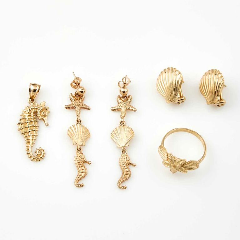 Gold Ring, Pendant and Four Earrings, 14K 9 dwt.