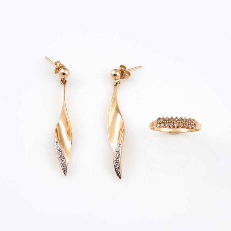 Two 14k gold diamond earrings and ring