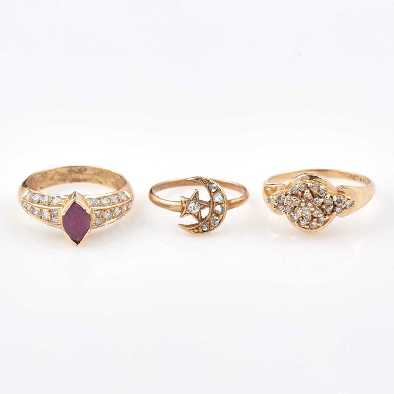 Three 14k gold diamond and stone rings