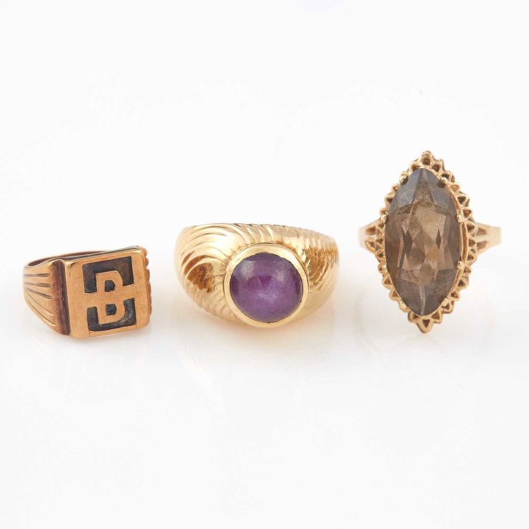 Three 14k gold and stone rings