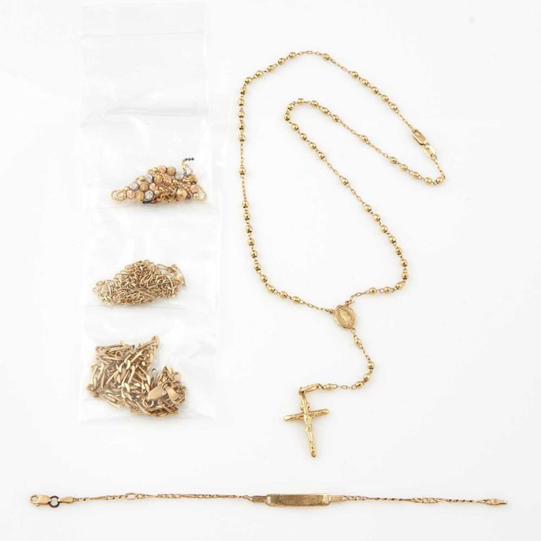 14k gold rosary with two neck chains and two flexible bracelets