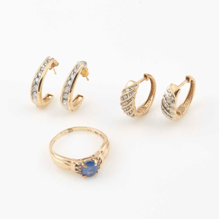 14k diamond earrings and gold and stone ring