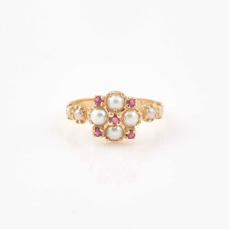 14k gold, bead and stone ring