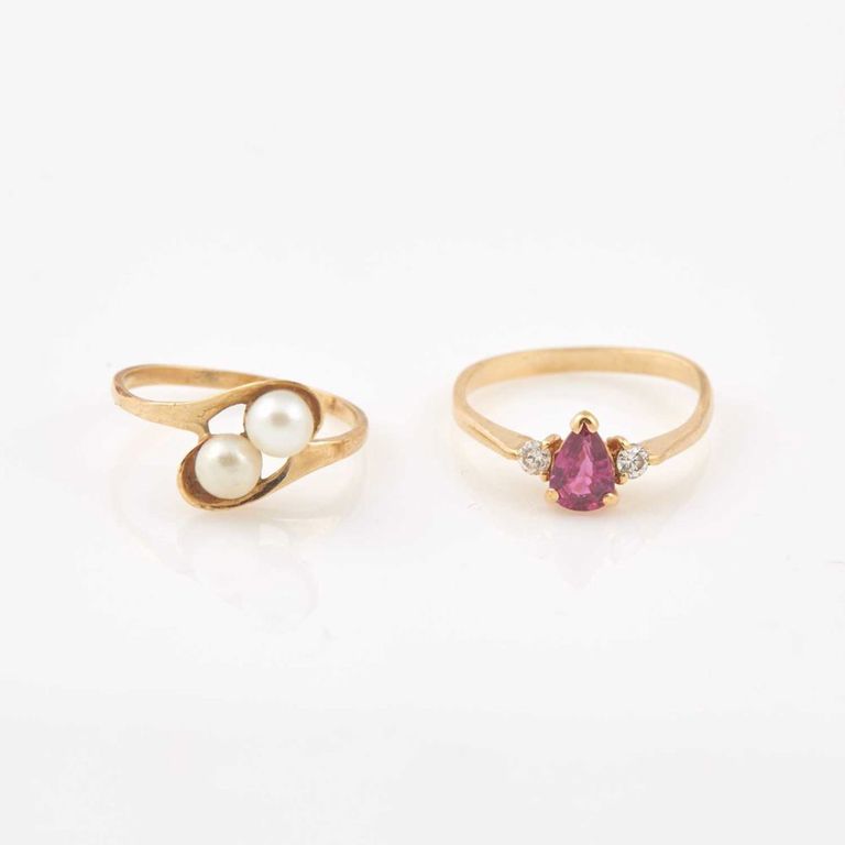 14k diamond and stone ring and gold and bead ring