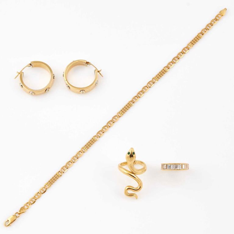 14k gold and stone rings, anklet and earrings