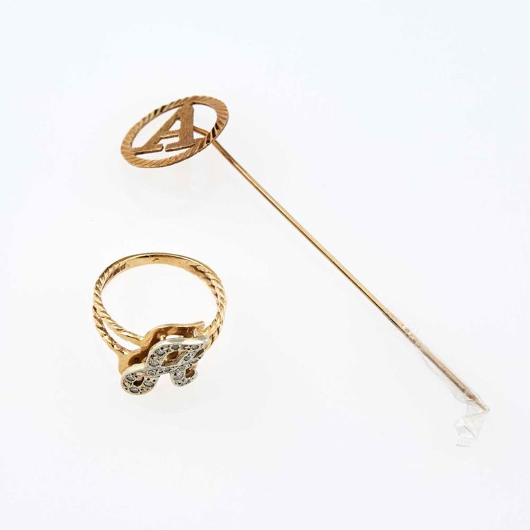 14k gold diamond initial ring and pin