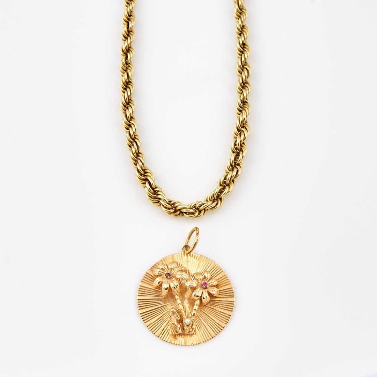 14k gold, bead and stone pendant and neck chain