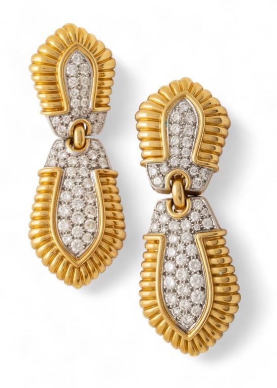 18k yellow gold, platinum, and diamond earrings