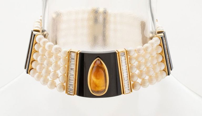 18k yellow gold cultured pearl and gemstone necklace