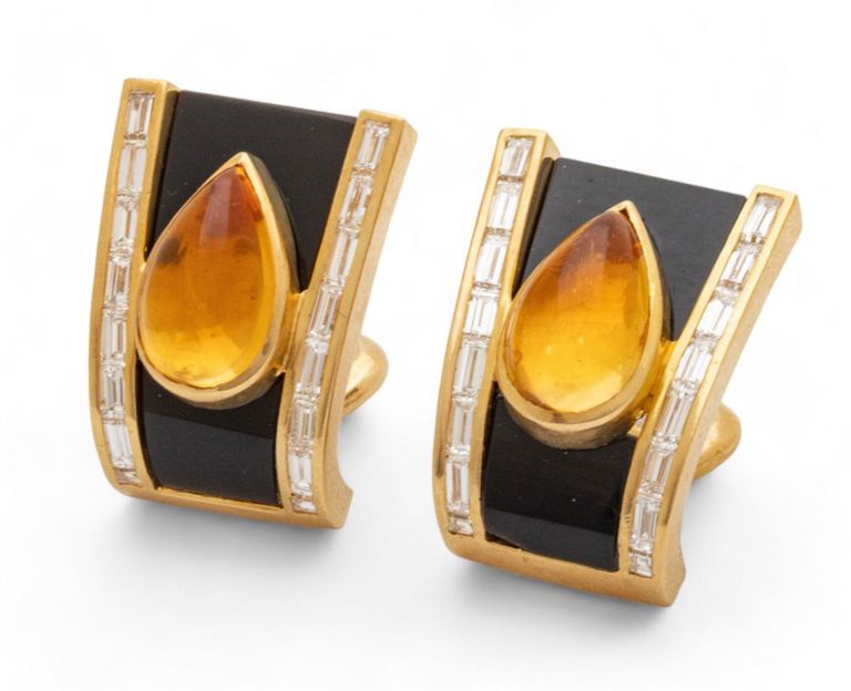 18k yellow gold citrine, diamond and black onyx earrings