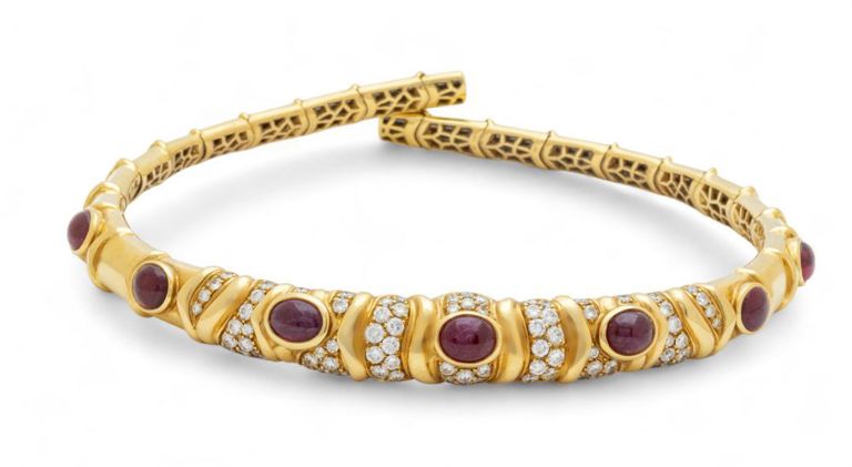 18k yellow gold cabochon ruby and diamond collar necklace