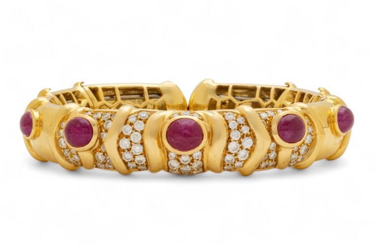 18k yellow gold cabochon ruby and diamond cuff bracelet
