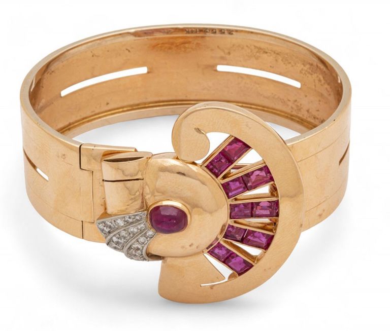 14k gold ruby and diamond Art Deco bangle bracelet