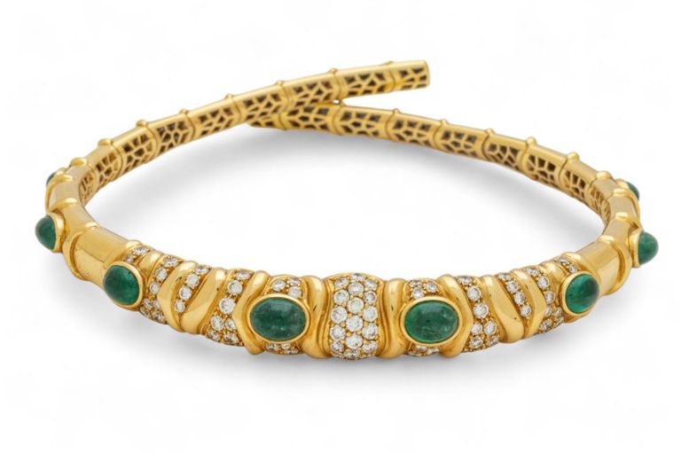 18k yellow gold emerald and diamond collar necklace