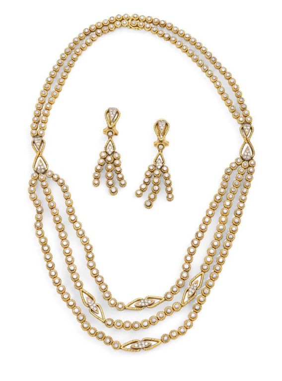 18k yellow gold and diamond necklace and earrings