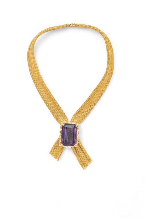 18k gold mesh necklace with amethyst pendant