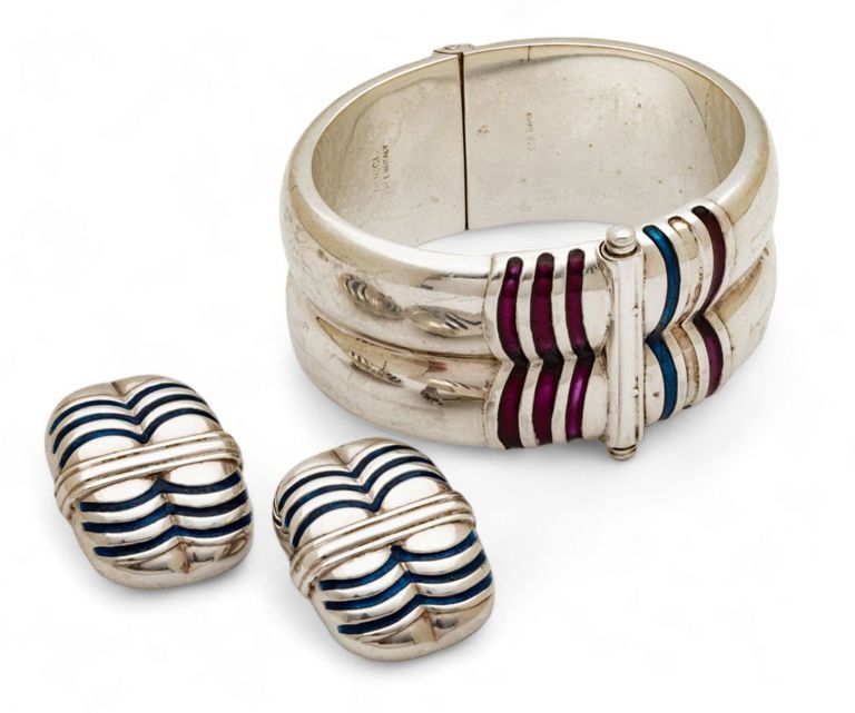 Gucci 925 silver and enamel bangle bracelet and earrings
