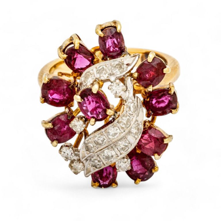 Yellow gold ruby and diamond cluster ring