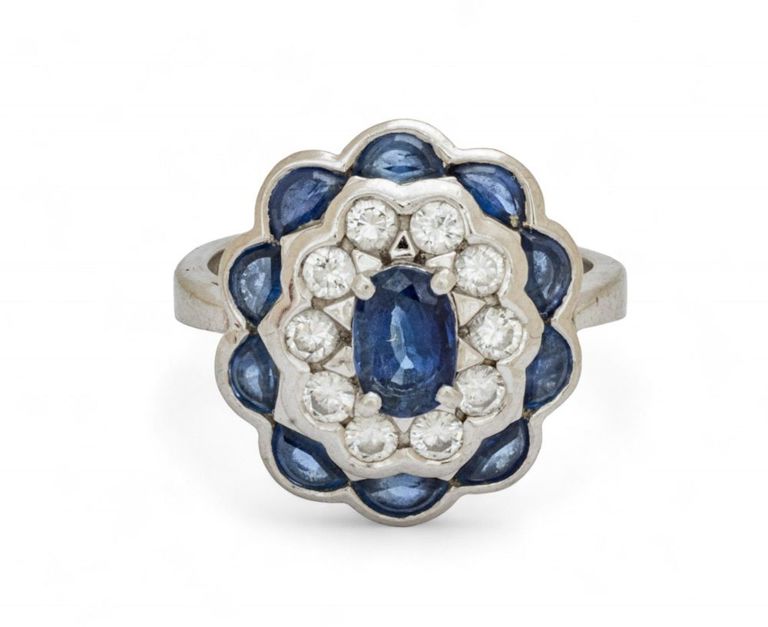 Platinum blue sapphire and diamond ring