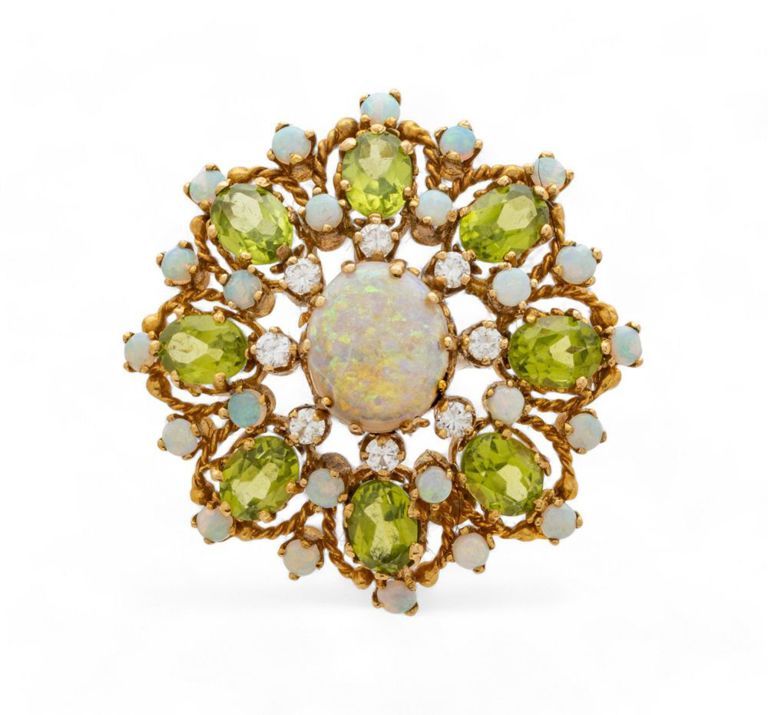 14k yellow gold opal and peridot brooch