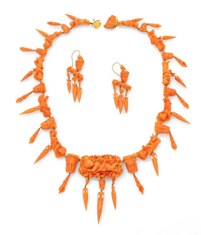 Italian carved coral and yellow gold parure
