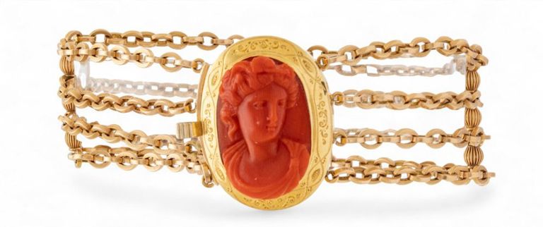 14k gold four chain bracelet with carved coral