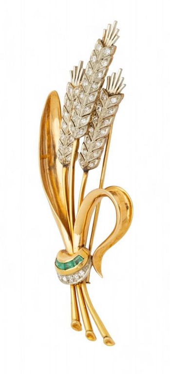 14k yellow gold brooch with diamond stalks of wheat and emeralds