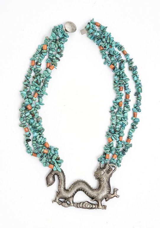 Silver necklace with turquoise and coral beads