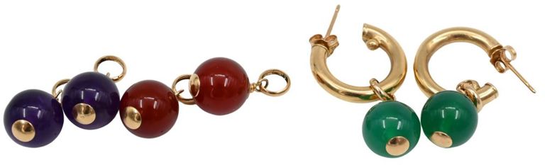 14k yellow gold earrings with green, amber, and amethyst stones