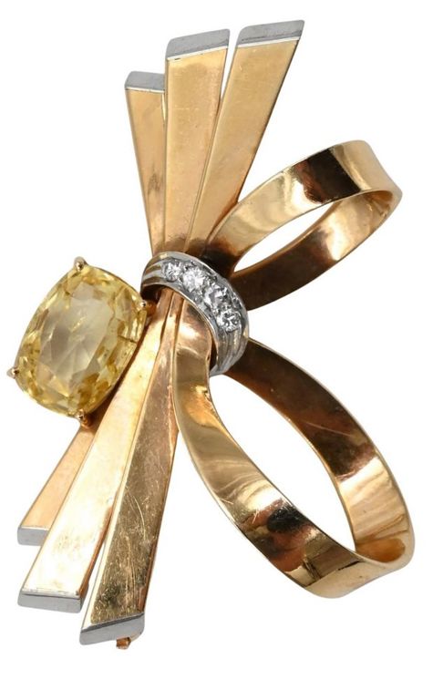 14k yellow and white gold diamond and yellow stone bow brooch