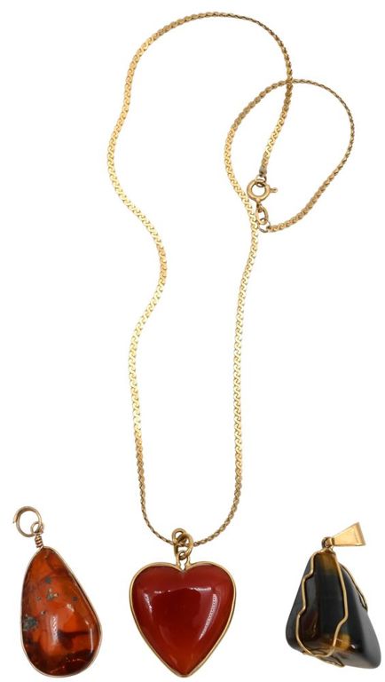 18k yellow gold flat chain with three gold mounted pendants